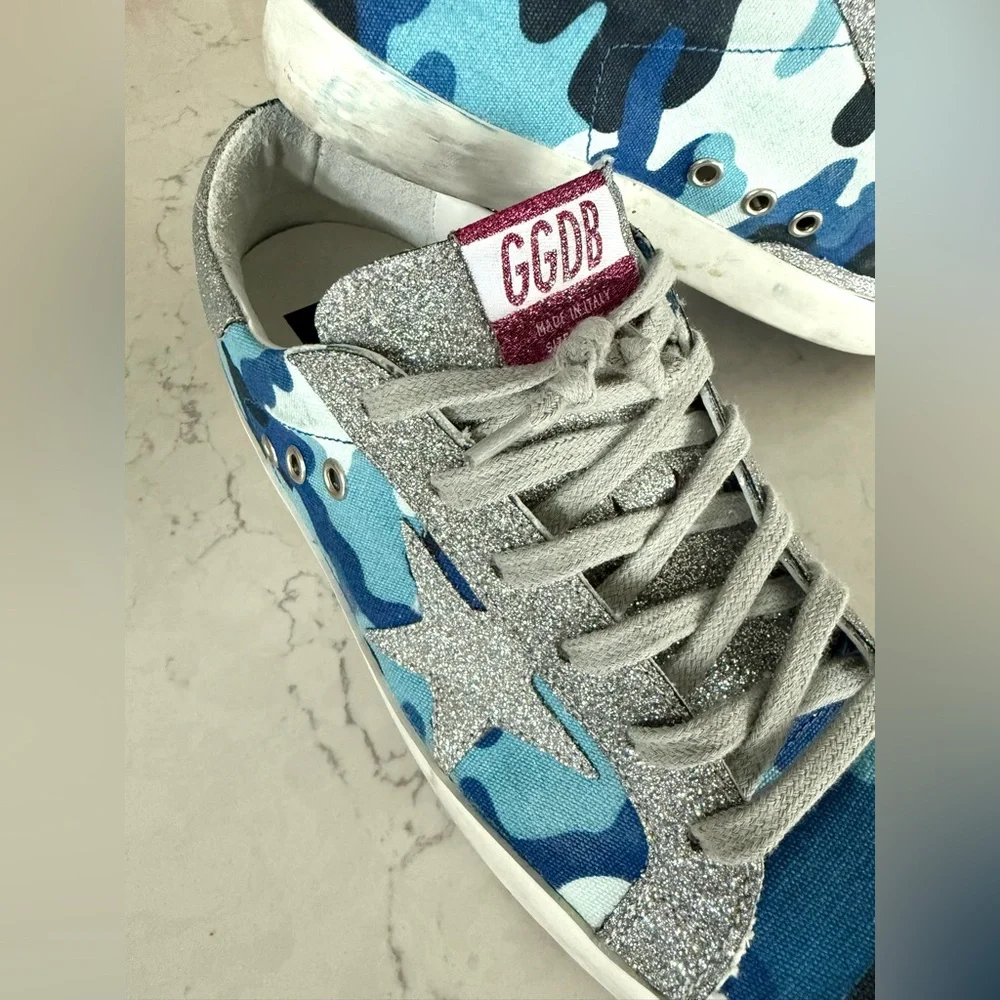 Golden Goose Blue Camo and Silver Sparkle Shoes Size 8 EUC - Picture 3 of 10